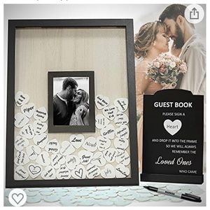 Wedding signing guest frame. Comes with stand, blackboard and 65 piece hearts